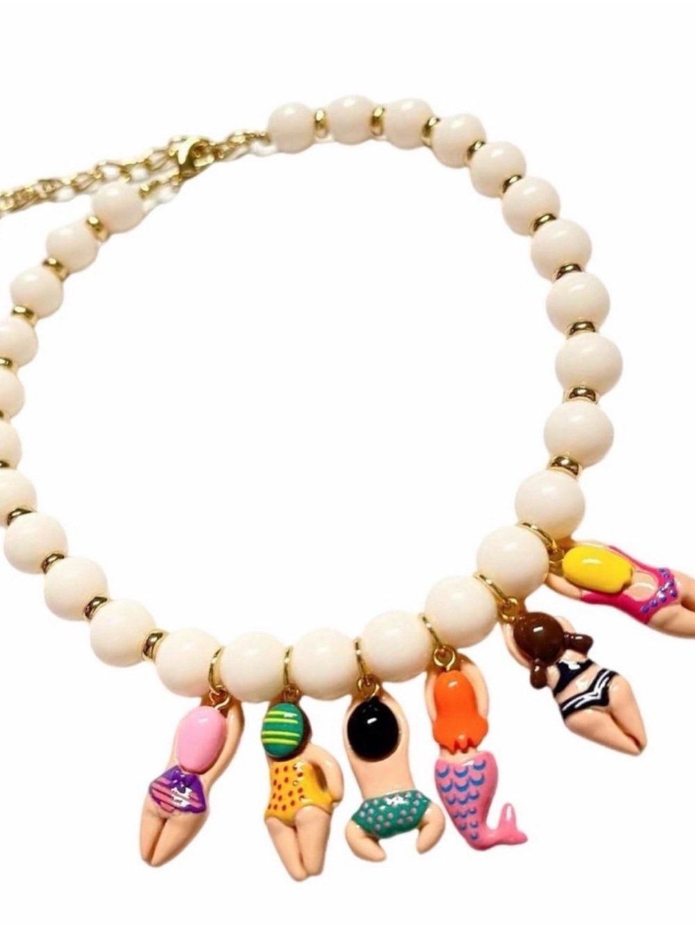 Anthropologie White Beaded Necklace with Colorful Swimmer & Mermaid Charms - Picture 2 of 3
